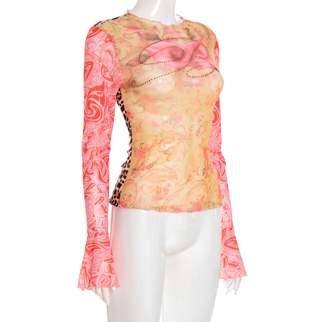 Long sleeve crewneck print beaded sheer mesh top  | Festival Outfits Women