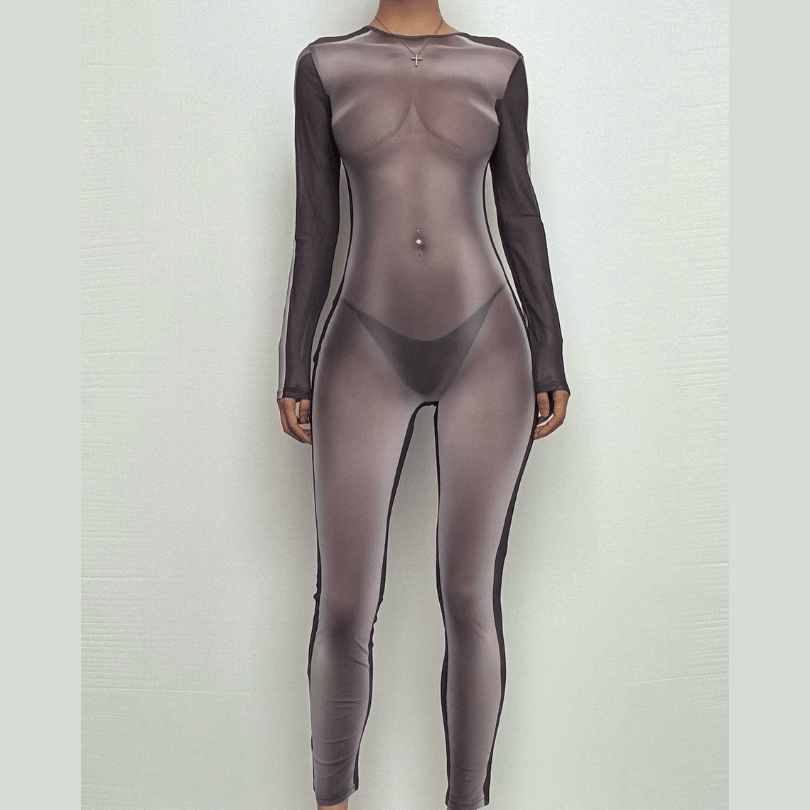 Long sleeve crewneck body print zip-up sheer mesh jumpsuit-final-sale  | Festival Outfits Women