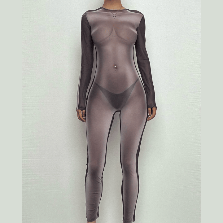 Long sleeve crewneck body print zip-up sheer mesh jumpsuit-final-sale  | Festival Outfits Women