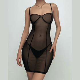 Sheer mesh see through solid low cut cami mini dress-final-sale