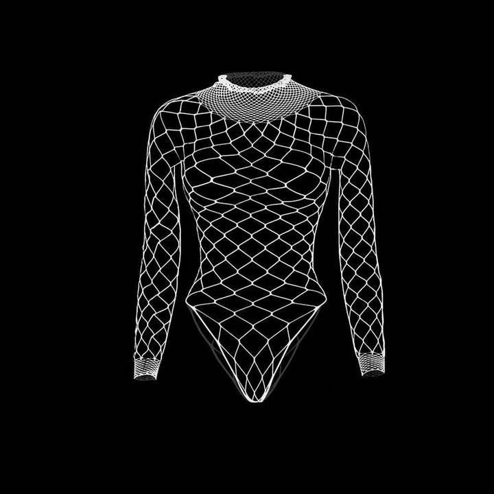 Long sleeve high neck fishnet diamond pattern bodysuit  | Festival Outfits Women