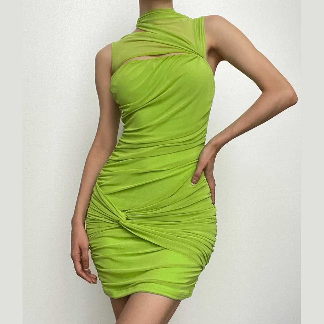 Sleeveless irregular hollow out mesh knotted ruched cut out mini dress-final-sale  | Festival Outfits Women