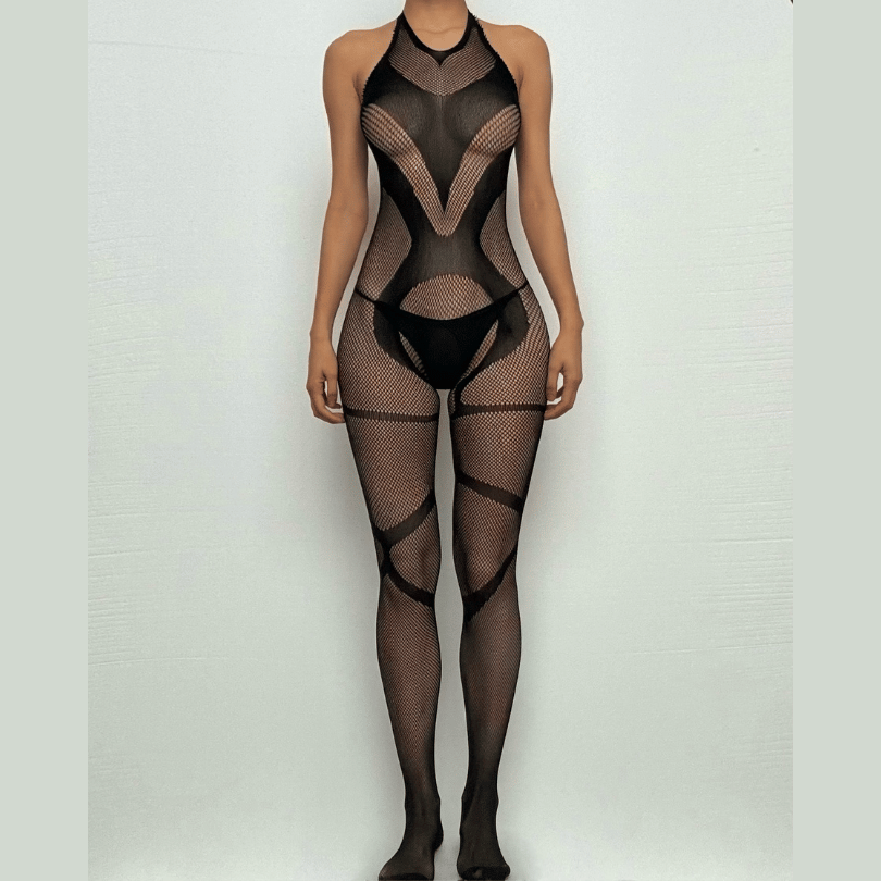Halter backless fishnet open crotch bodystocking  | Festival Outfits Women