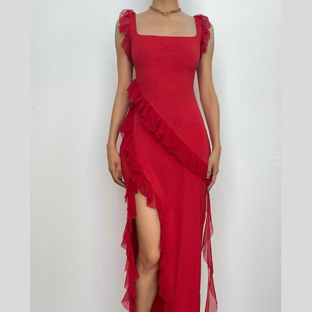 Ruffle cap sleeve slit square neck irregular solid maxi dress-final-sale  | Festival Outfits Women