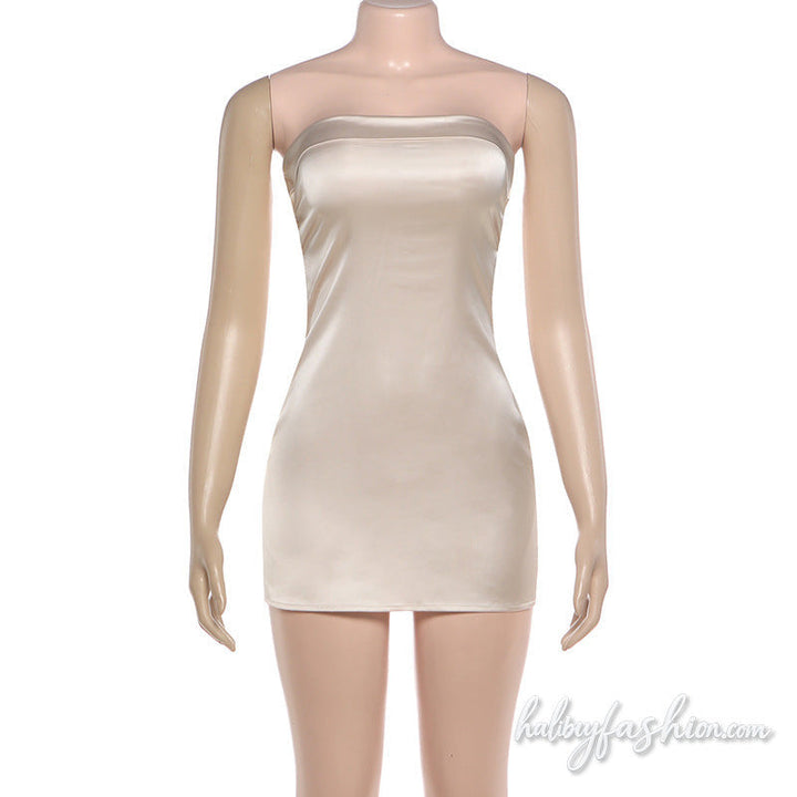 Satin glitter butterfly embroidery tube mini dress