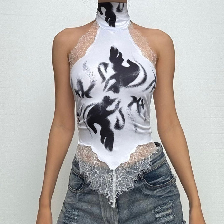Halter button lace hem print backless top  | Festival Outfits Women-final-sale