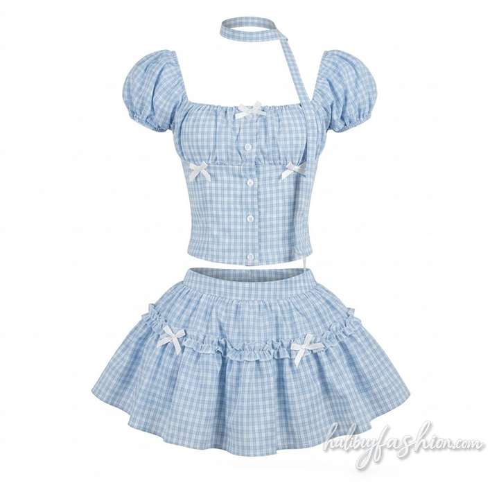 Bowknot plaid puff sleeve ruched square neck mini skirt set - Halibuy - 2