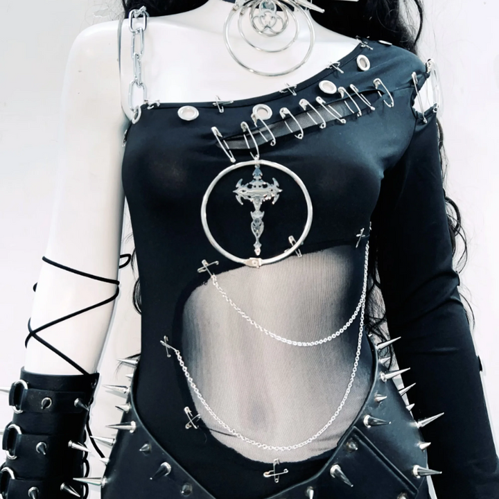 Irregular o ring metal chain long sleeve hollow out bodysuit