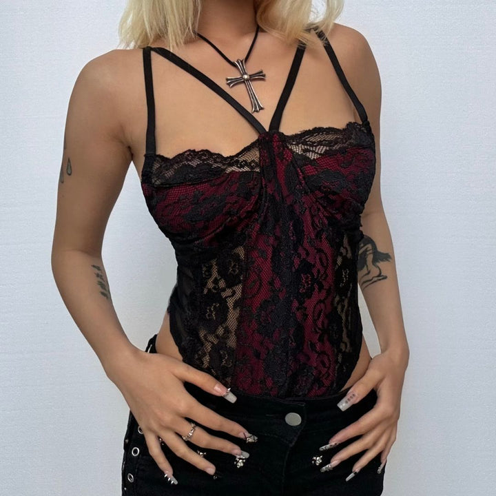 Kayan kwalliya na Patchwork v neck lace contrast bodysuit | Kayan bikin mata