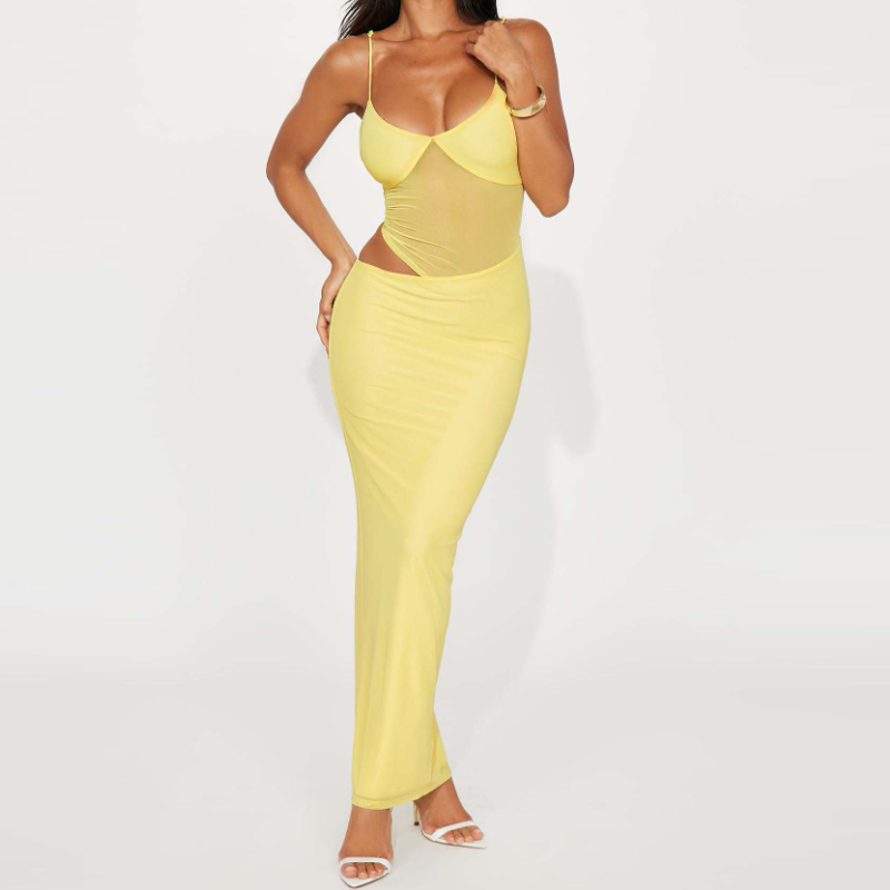 Mesh patchwork hollow out cami cut out maxi dress  | Festival Outfits Women