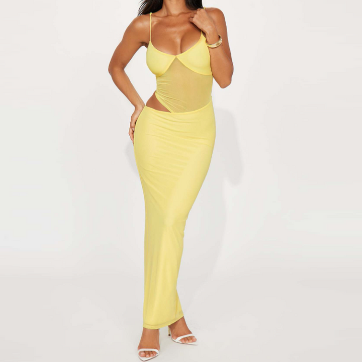 Mesh patchwork hollow out cami cut out maxi dress  | Festival Outfits Women
