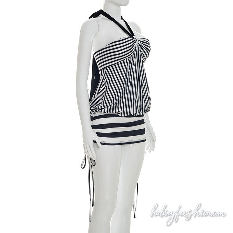 Striped halter self tie backless mini dress - Halibuy - 4