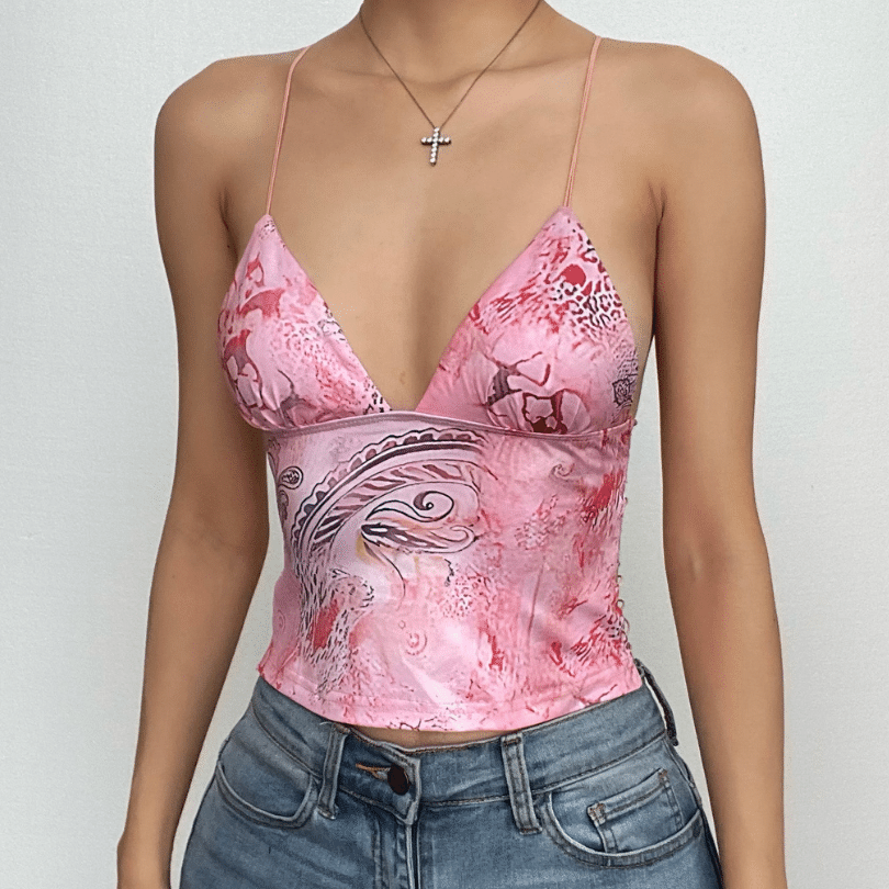 Butterfly applique backless v neck contrast print crop top-final-sale