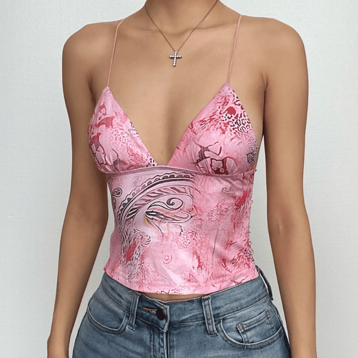 Butterfly applique backless v neck contrast print crop top-final-sale