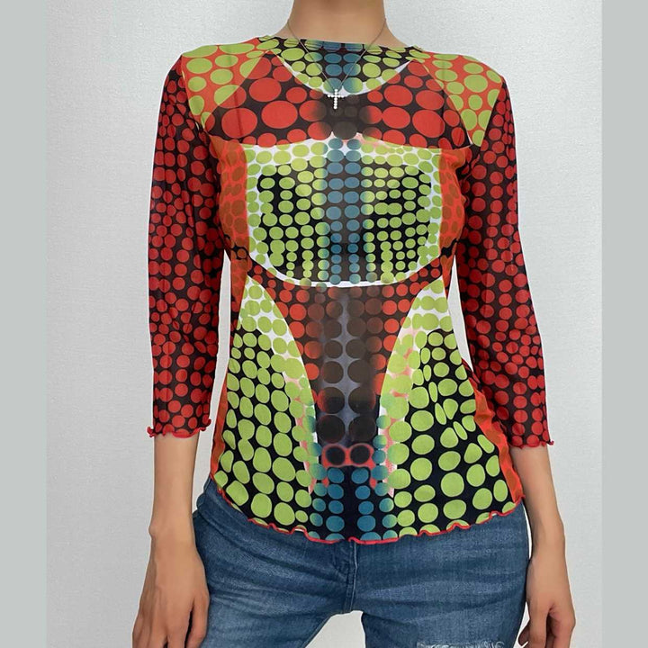 Sheer mesh long sleeve polka dot thermal contrast ruffle 2-way top-final-sale  | Festival Outfits Women