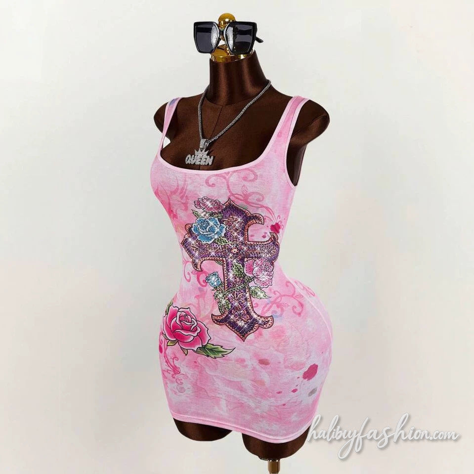 Square neck flower flower ribbed tank mini dress