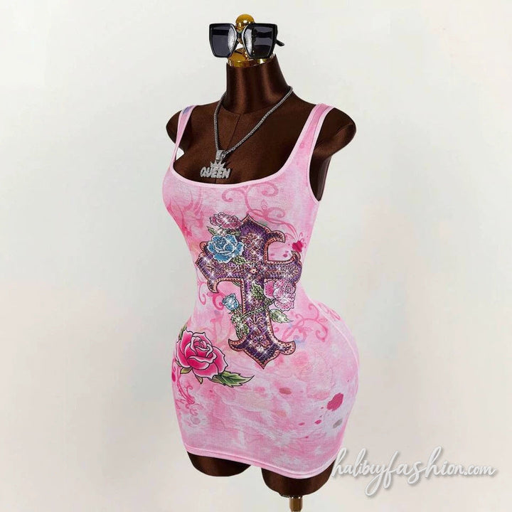 Square neck flower flower ribbed tank mini dress