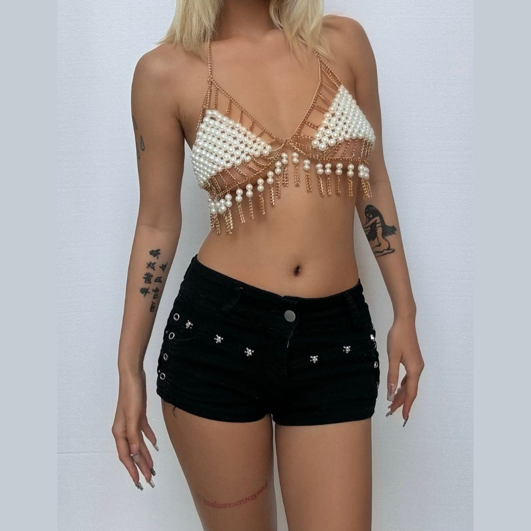 Halter tassels beaded metal chain hollow out cut out top  | Festival Outfits Women