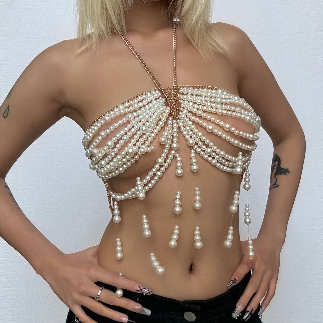 Metal chain beaded hollow out backless cut out top  | Festival Outfits Women
