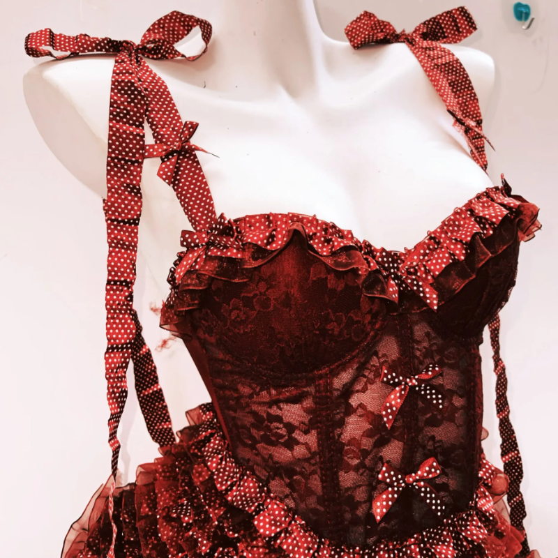 Bowknot ruffle polka dot v neck cami mini skirt set  | Festival Outfits Women