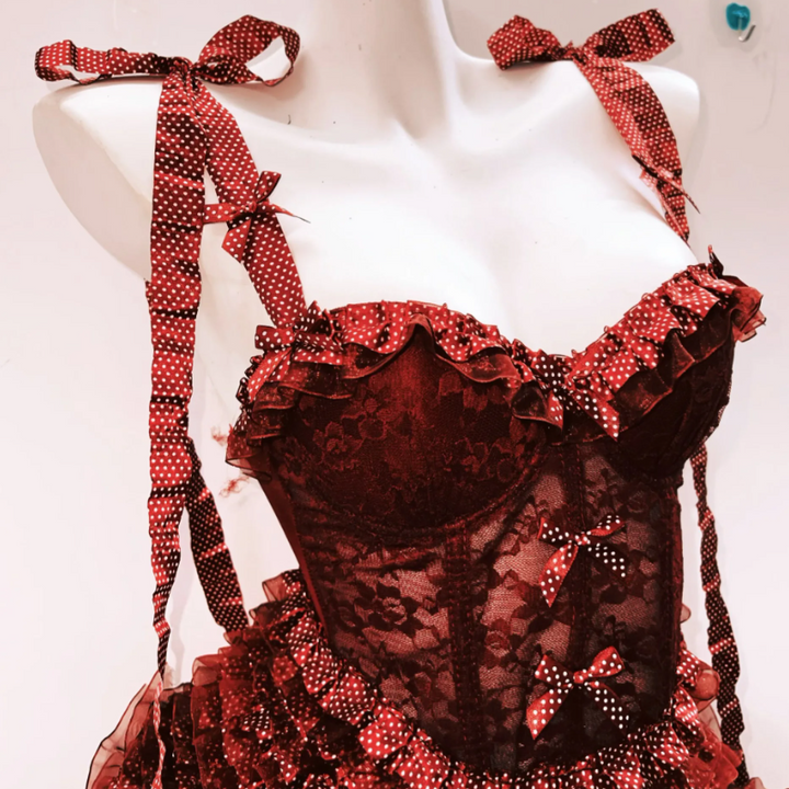 Bowknot ruffle polka dot v neck cami mini skirt set  | Festival Outfits Women