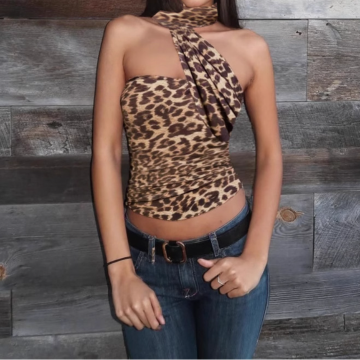 Halter leopard print ruched irregular top  | Festival Outfits Women  | Cheetah Print Top