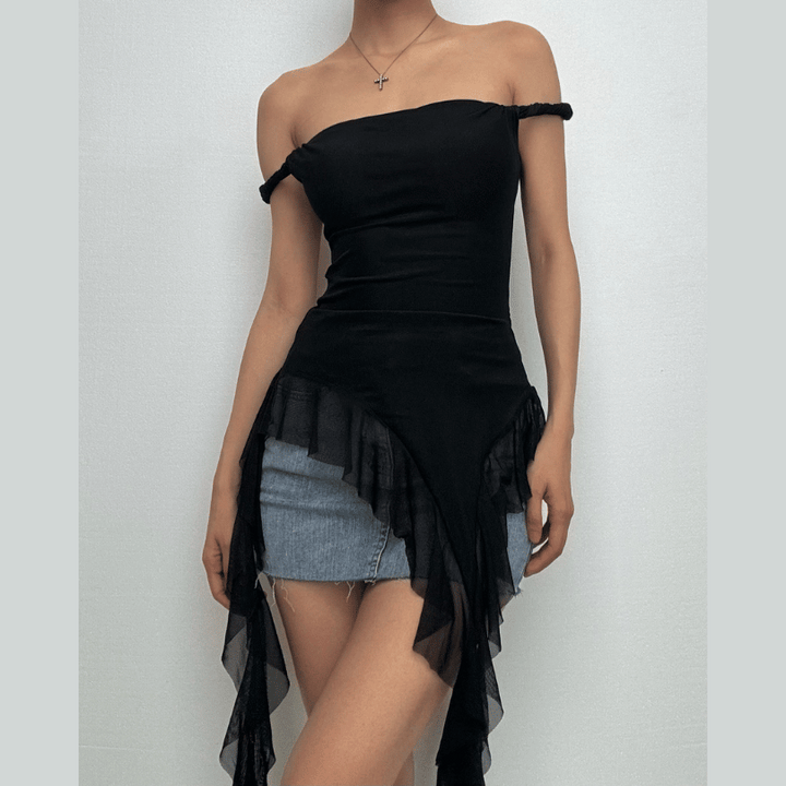 Off shoulder ruffle irregular mesh top  | Festival Outfits Women