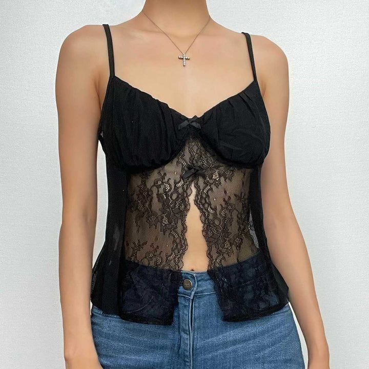 Lace patchwork ruched solid v neck slit cami crop top-final-sale