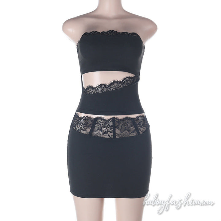 Lace hem hollow out irregular tube mini dress