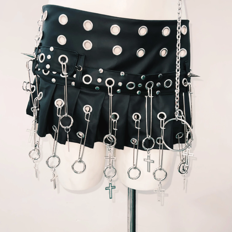 Rivet skull applique halter PU leather mini skirt set Cargo Mini Skirt  | Festival Outfits Women