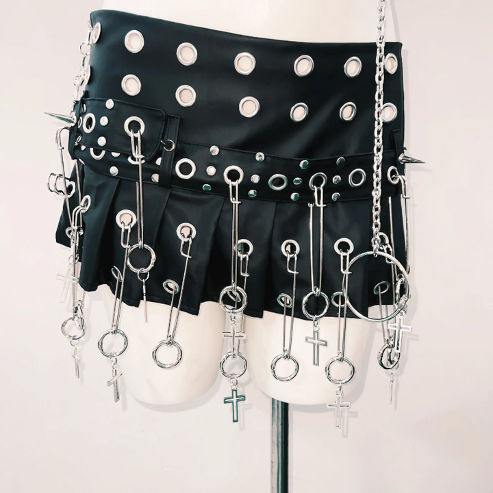 Rivet skull applique halter PU leather mini skirt set Cargo Mini Skirt  | Festival Outfits Women