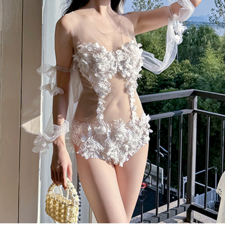 Lace mesh flower applique zip-up bodysuit  | Festival Outfits Women
