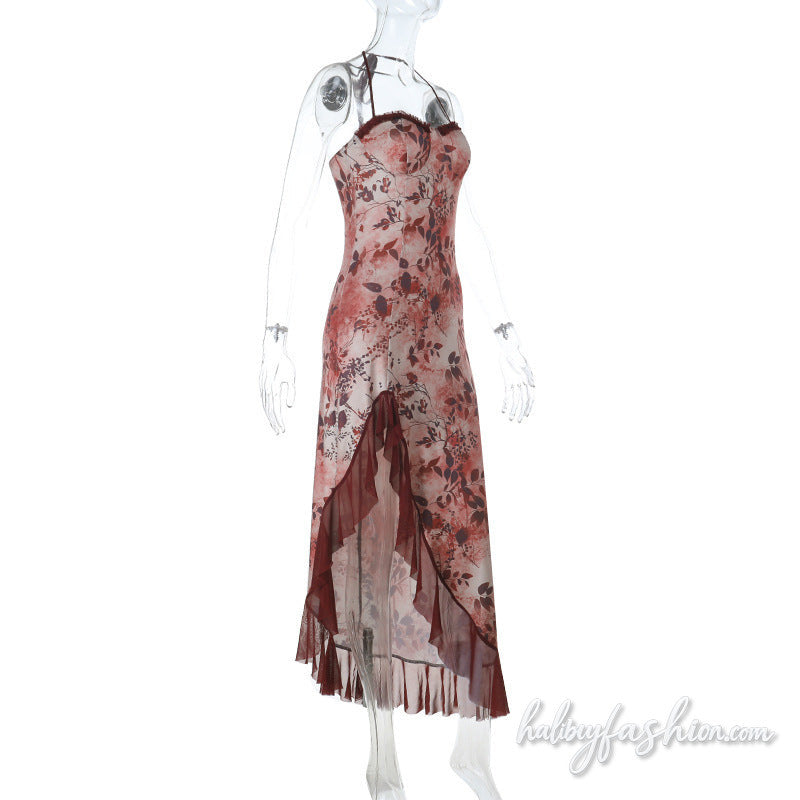 Irregular ruffle lace halter self tie maxi dress
