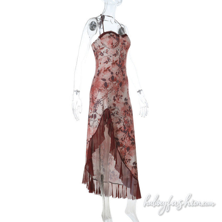 Irregular ruffle lace halter self tie maxi dress