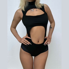 Hollow out high neck sleeveless solid bodysuit  | Festival Outfits Women