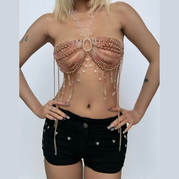 Halter crystal beaded tassels hollow out crop cut out top  | Festival Outfits Women-final-sale
