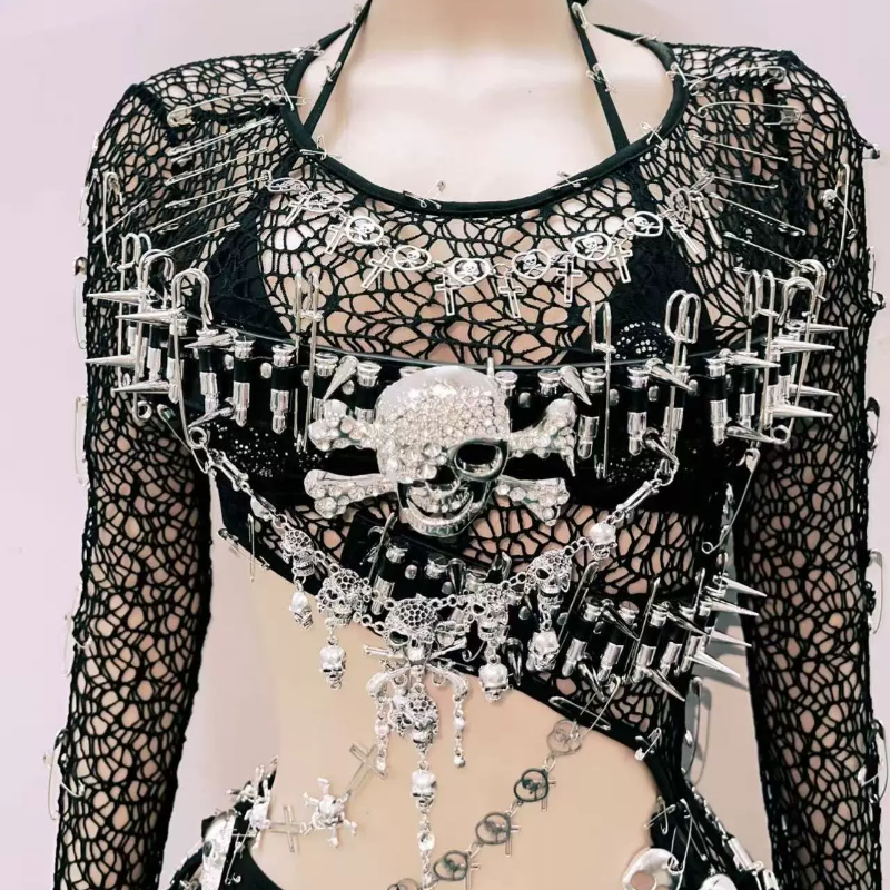 Long sleeve hollow out skull applique fishnet cut out mini dress  | Festival Outfits Women