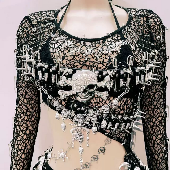 Long sleeve hollow out skull applique fishnet cut out mini dress  | Festival Outfits Women