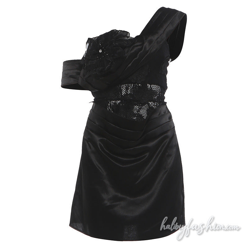 Irregular one shoulder flower applique ruched mini dress