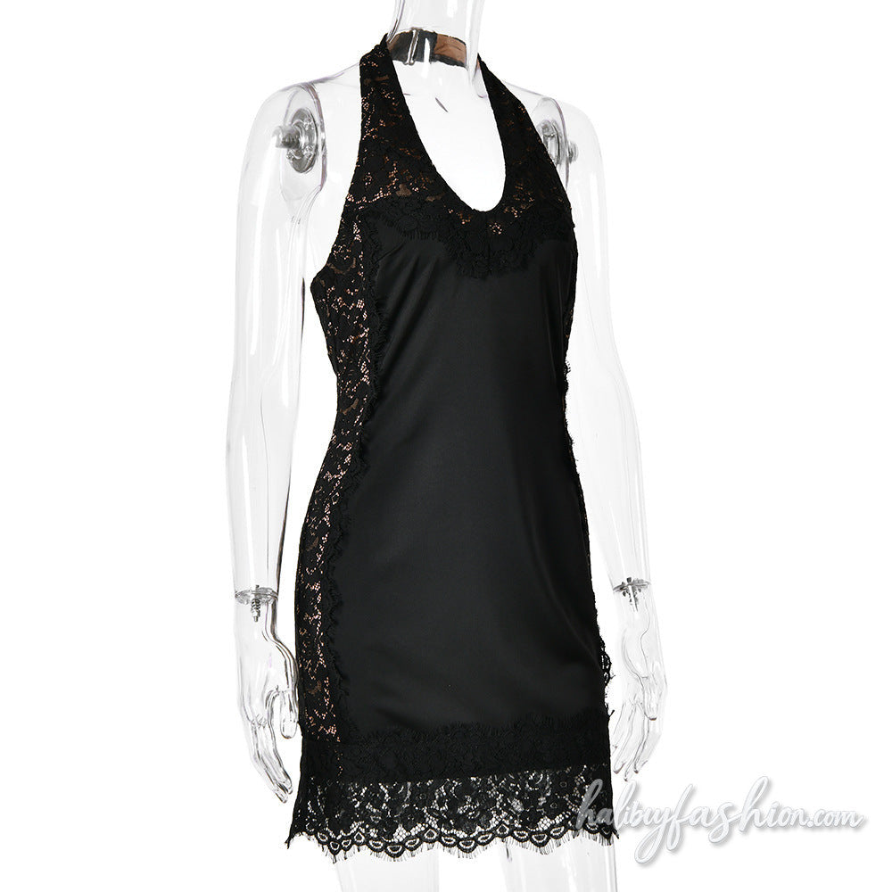 Lace hem halter u neck zip-up backless mini dress - Halibuy - 4