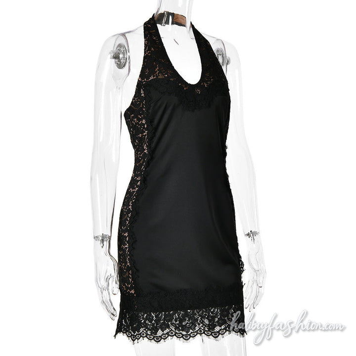 Lace hem halter u neck zip-up backless mini dress - Halibuy - 4