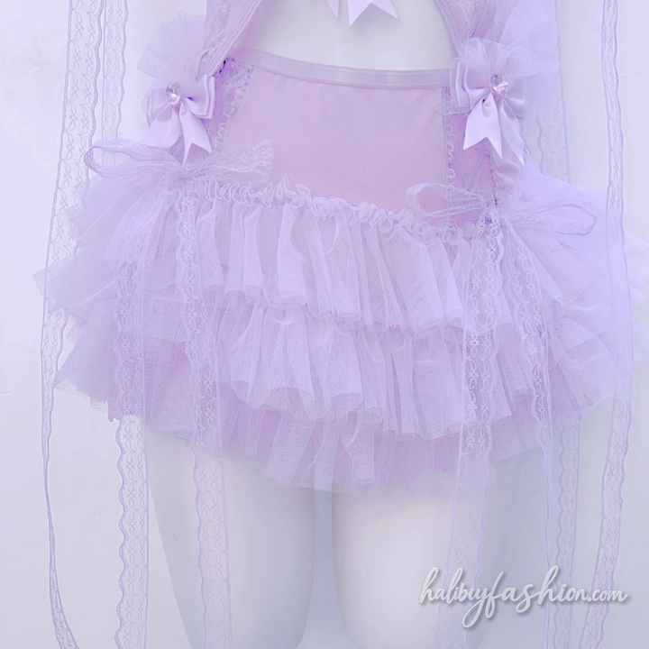 Hollow out Bowknot ruffle cami mini skirt set