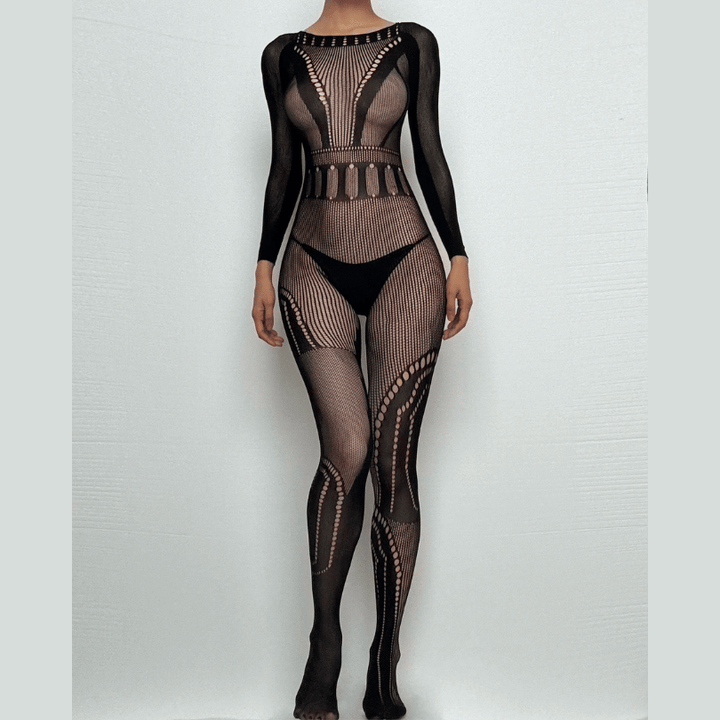 Long sleeve fishnet hollow out solid bodystocking  | Festival Outfits Women