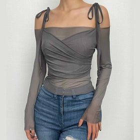 Long sleeve mesh self tie off shoulder solid crop top | Mesh Long Sleeve Crop Top