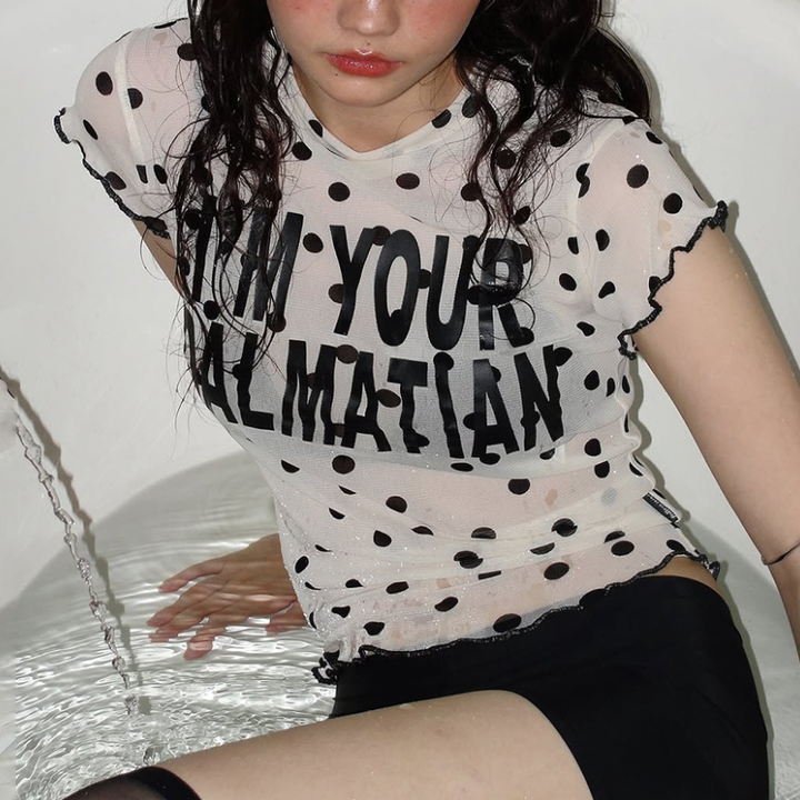 Polka dot crewneck ruffle letter pattern top  | Festival Outfits Women-final-sale