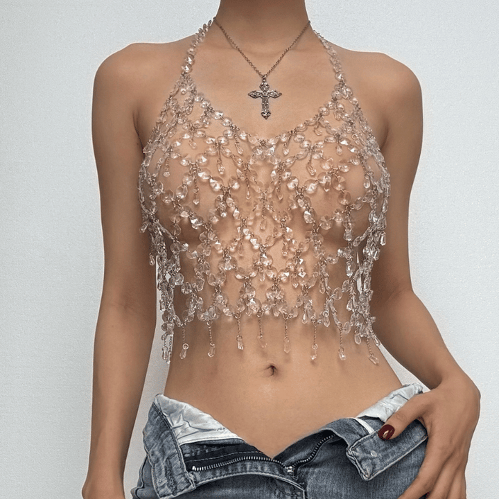 Metal chain plastic crystal halter backless top  | Festival Outfits Women