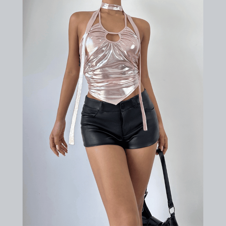 Metallic halter backless hollow out irregular ruched crop cut out top-final-sale