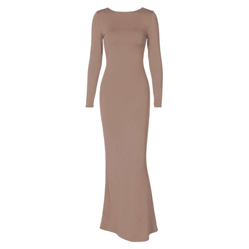 Long sleeve backless lace up ruched solid maxi dress-final-sale  | Festival Outfits Women