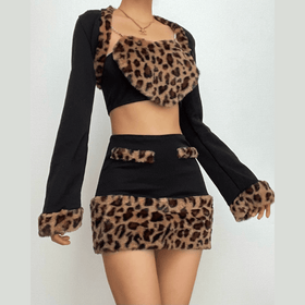 Long sleeve leopard print fluffy shrug sweetheart neck 2 piece mini skirt set  | Leopard Print Mini Dress