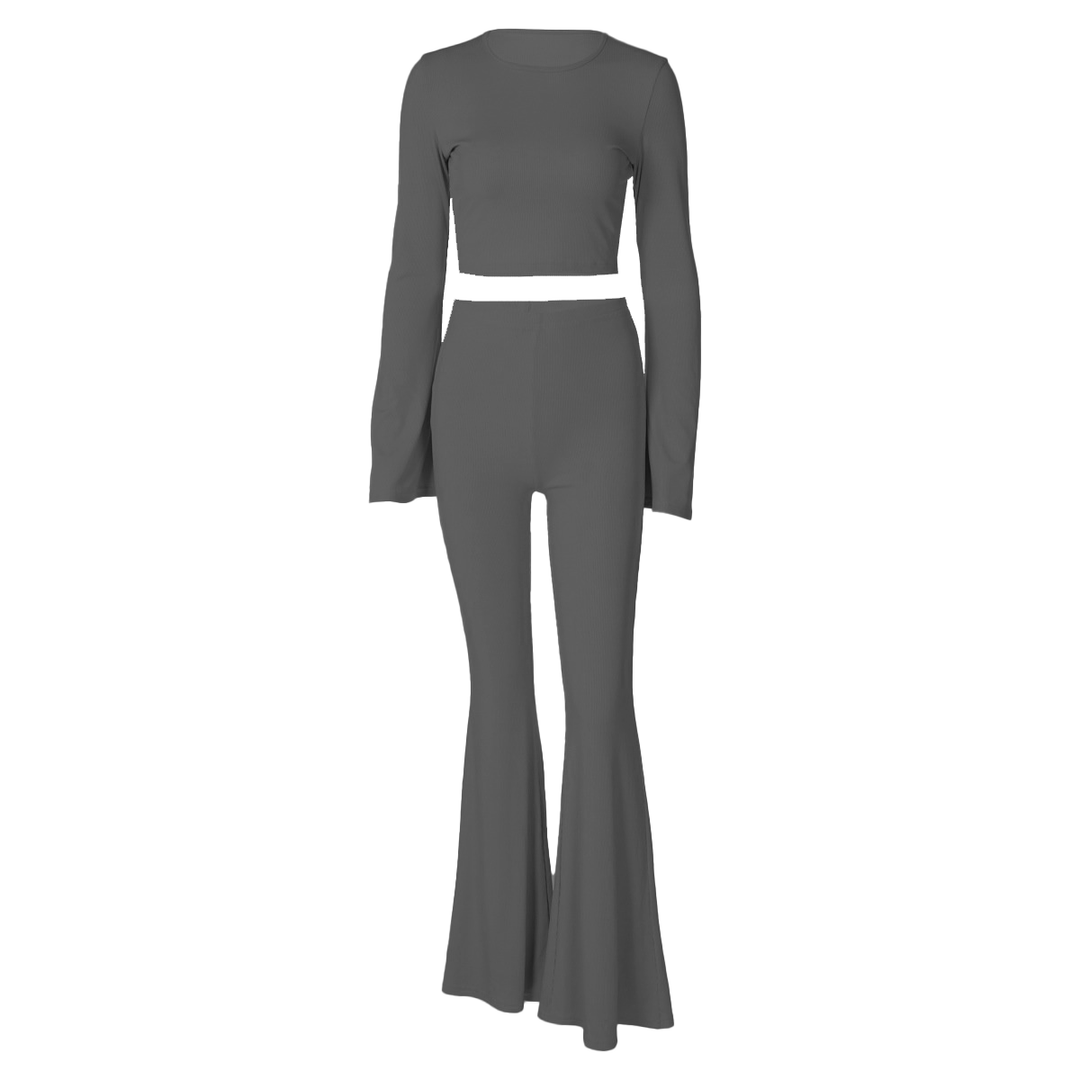Long flared sleeve crewneck ribbed pant set  | Festival Outfits Women
